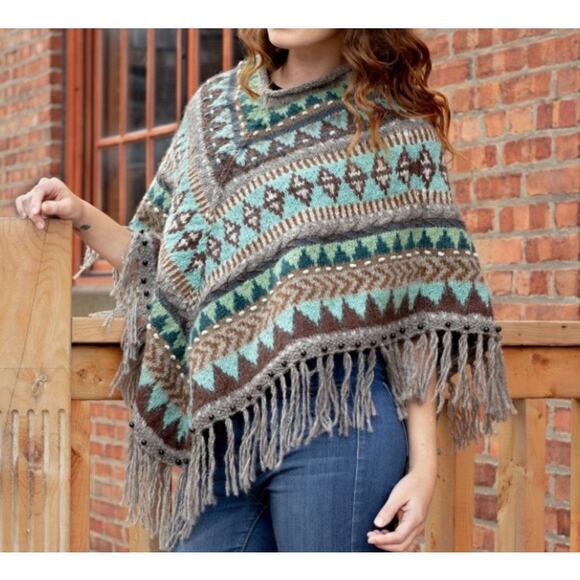Lost Horizons OS Chunky Wool Knitted ‘Mila’ Poncho Made in Nepal Fringe Hem Boho - Picture 1 of 16